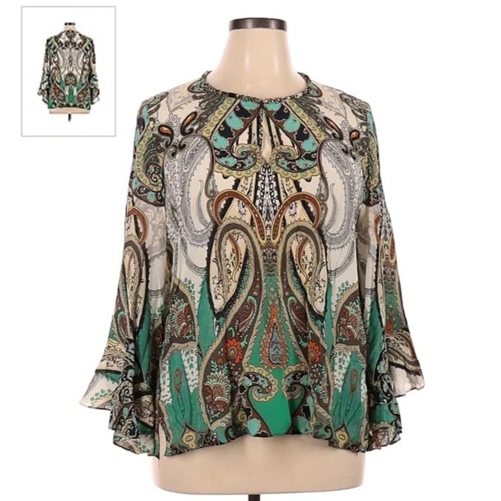 Kobi‎ Halperin Silk Teal and Cream Paisley Bell-Sleeve Blouse M